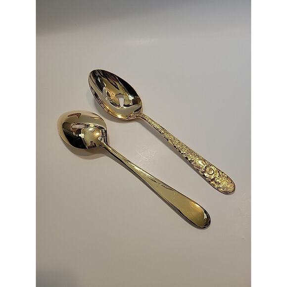 VINERS OF SHEFFIELD VS12 Gold Electroplate Pierced Serving Spoons Set Of 2 - Picture 4 of 8